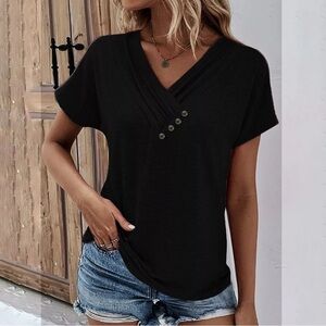Women's Casual Summer T Shirts Solid Short Sleeve Button V Neck Tops Tshirts